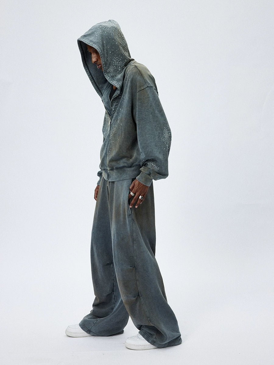 Mud-Dye Rhinestone Short Wide Hoodie
