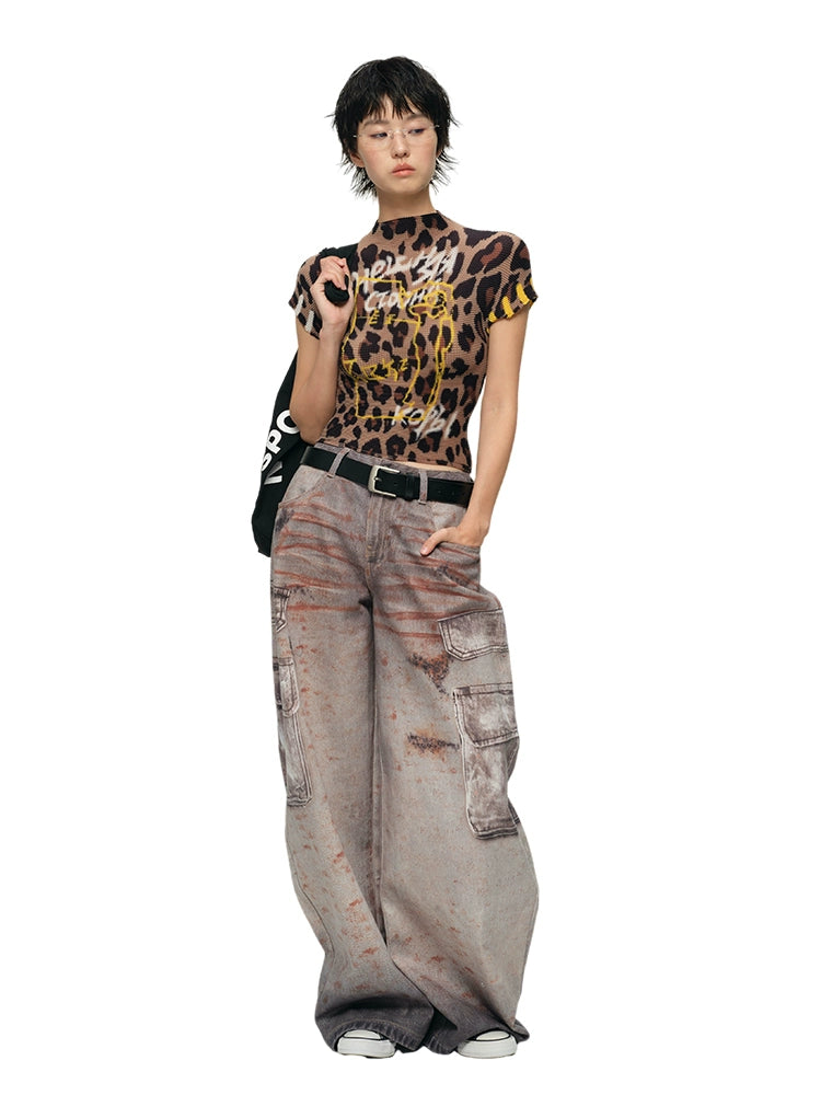 Pleated Slim Leopard Print T-Shirt