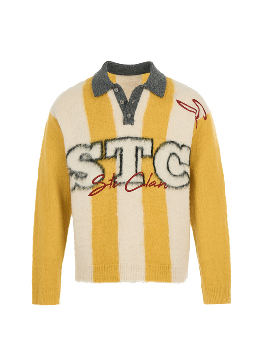 Retro Yellow Jacquard Knit Polo Sweater
