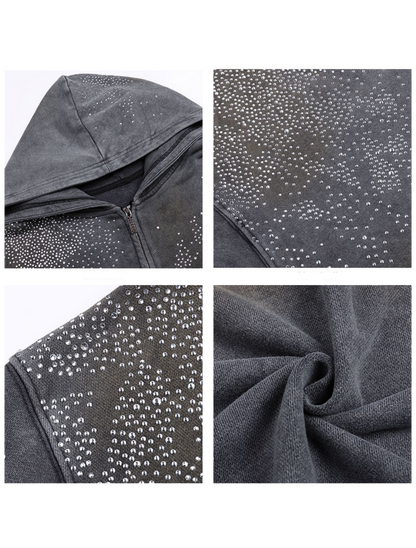 Mud-Dye Rhinestone Short Wide Hoodie