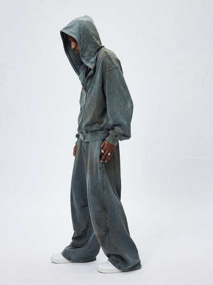 Mud-Dye Rhinestone Short Wide Hoodie