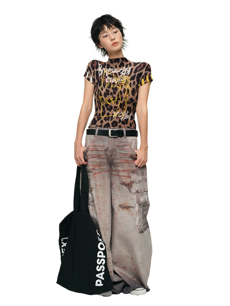 Pleated Slim Leopard Print T-Shirt